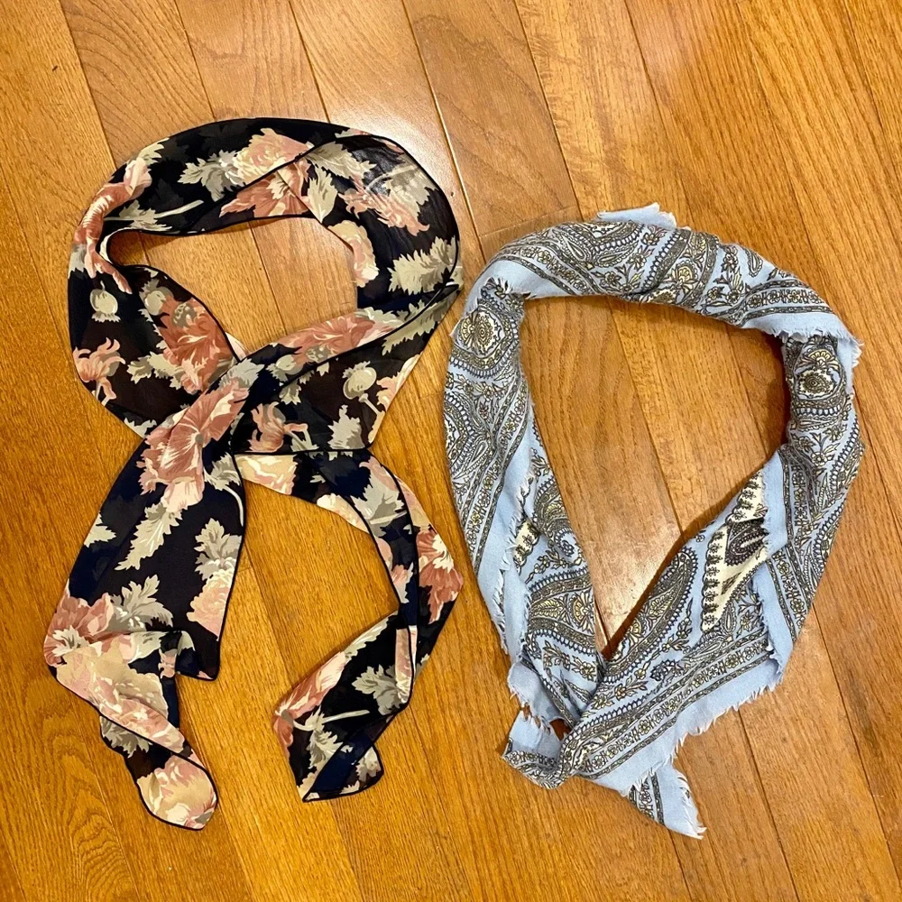 2 Scarves 1 Square Blue Yellow Paisley Scarf 1 Thin Gray Pink Floral Scarf